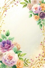 Floral Border Design with Golden Frame for Invitations or Stationery