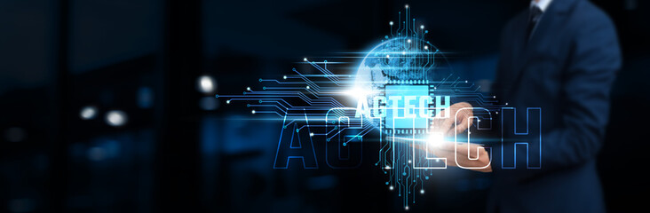 AgTech: Businessman Using Tablet on Network Structure, Agricultural Technology Innovation, Sustainability, and Efficiency on Global Business Network. Technology Concept