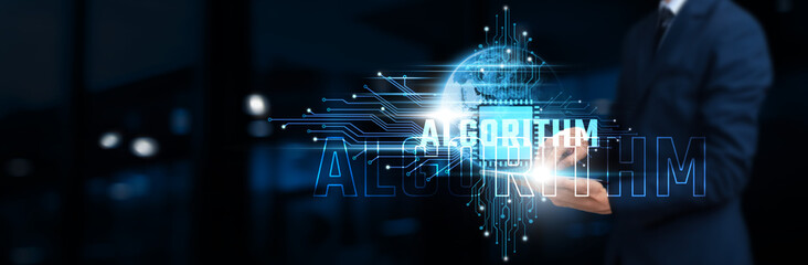 Algorithm: Businessman Using Tablet on Network Structure, Advanced Technology, Efficiency, and Optimization on Global Business Network. Technology Concept