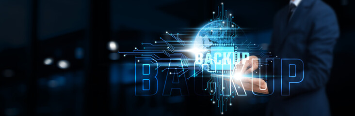 Backup: Businessman Using Tablet on Network Structure. Reliable Technology Solutions and Secure Data Management on Global Business Network. Technology Concept.