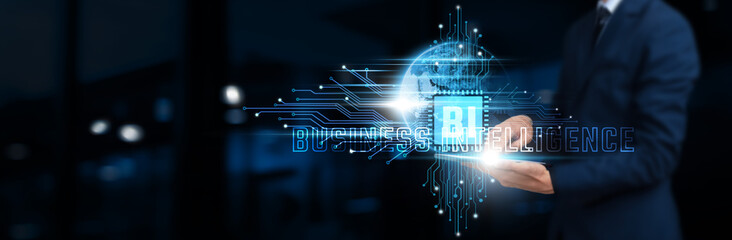 BI: Businessman Using Tablet on Network Structure. Business Intelligence Technology Insight and...