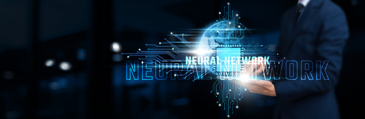 Neural Network: Businessman Using Tablet on Network Structure. Advanced Technology, Innovation, Integration on Global Business Network. Technology Concept