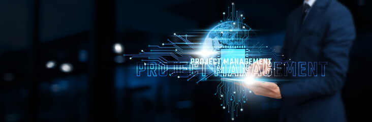 Project Management: Businessman Using Tablet on Network Structure, Implementing Technology Efficiency and Strategic Planning on Global Business Network. Technology Concept