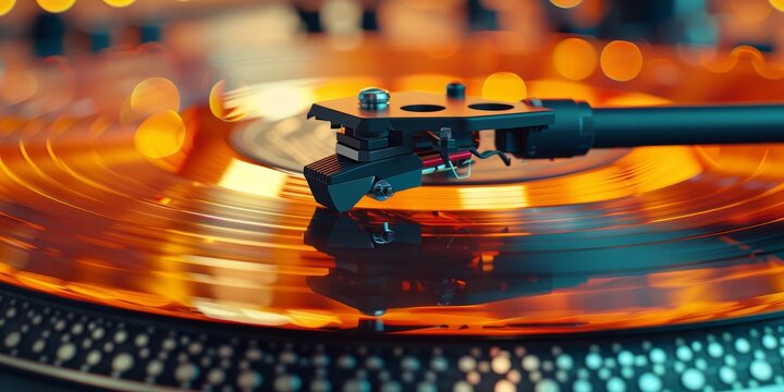 Wide Shots , Turntable arm on golden Vinyl record rotating in a macro shot , adobe lightroom filter , Ultra clear image, Add Copyspace