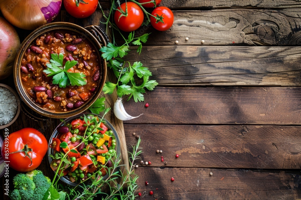 Sticker sweet potato and lamb chili with herbs tomatoes onion and garlic on table