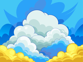 There is a group of fluffy clouds moving across the blue sky