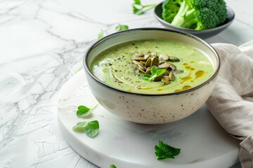 Tasty broccoli soup with pumpkin seeds on white table