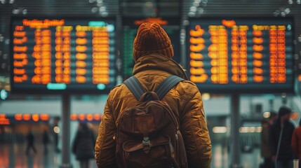 Obraz premium Traveling by airplane Man waiting in airport terminal Selective focus on hand holding suitcase against arrival and departure board Passenger is ready for travel
