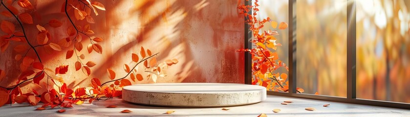 Product podium in autumn warm colors for product presentation Mockup for branding, packaging