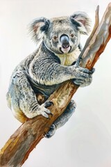 Fototapeta premium A koala sitting on a tree branch, looking around