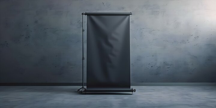 Rollup banner ad on gray backdrop for advertising. Concept Product Showcase, Brand Promotion, Business Advertisement, Marketing Campaign