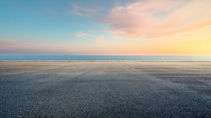 Empty asphalt floor and sea background 