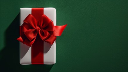 Present with red ribbon on green background, minimalist holiday gift concept