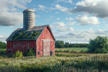 A red barn standing in a green field, with a silo in the background