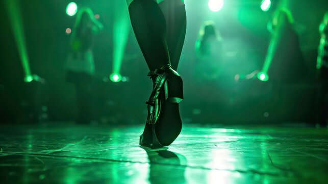 Irish dancing legs close up on stage on bright green lighting stage background with copy space, concept of St Patrick celebration, ethnic dancing event.