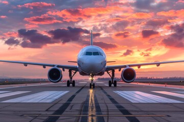 Airplane on Runway at Sunset