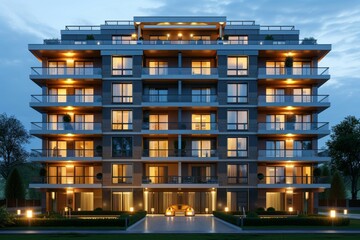 Modern luxury apartment building at dusk