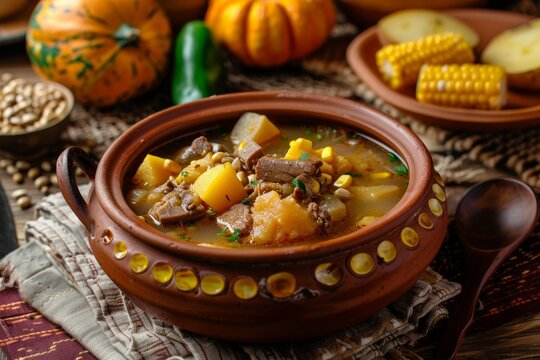 Traditional Chilean cazuela de cerdo with chuchoca served in a Pomaire clay bowl