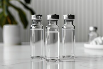 Three Clear Glass Bottles on Marble Surface