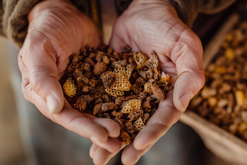 Close-up of hands holding natural beehive honeycomb and wax pieces, showcasing beekeeping and nature.
