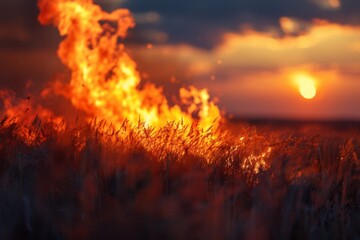Wildfire in Field at Sunset