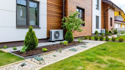 A modern home with a geothermal heat pump system and solar panels on the roof