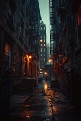 Fototapeta premium Nighttime scene of a city street with buildings and possibly streetlights or cars in the background