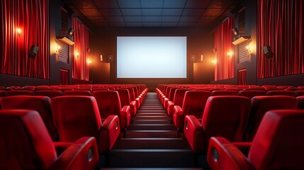 Fototapeta premium Empty cinema auditorium with red seats and blank screen. 3D Rendering
