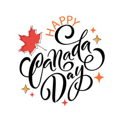 Happy Canada Day handwritten text isolated on white background. Modern brush ink calligraphy, vector illustration. Hand lettering typography. Postcard, logo, greeting card, banner design. 1st of July