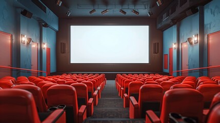 Empty cinema auditorium with red seats and blank screen. 3D Rendering