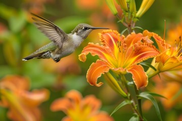 Hummingbird Hovering Near Orange Lilies