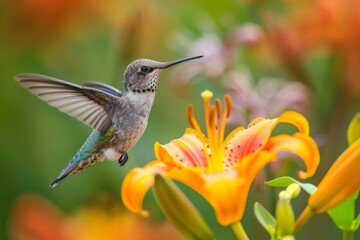 Fototapeta premium Hummingbird Hovering Near Lily