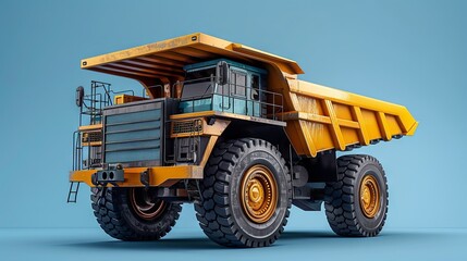 abstract dumper truck on a blue background, with low perspective. Represents mining machinery, industrial equipment, heavy-duty vehicles for mining operations such as open-pit extraction of anthracite