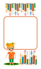 Fototapeta premium Girl with pensils, education concept with leaning backgrund template for web banner