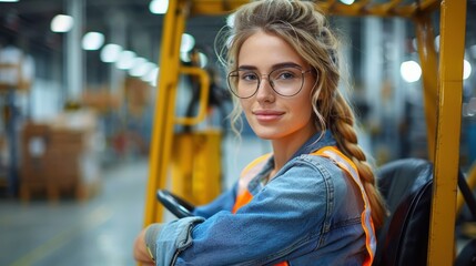 Obraz premium A warehouse worker with a reflective vest and jeans operates a forklift among shelves stacked with inventory in a high-ceiling warehouse, representing diligence and precision.