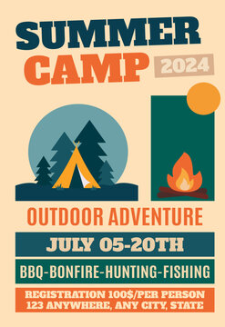 Summer camp 2024 poster, flyer template. Vector illustration with text. Camping concept.