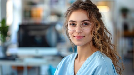 Fototapeta premium A young healthcare professional in a modern medical office, wearing glasses and a blue uniform, signifies expertise, compassion, and a commitment to patient care.