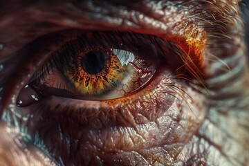 A detailed view of an individual's eye, including the iris and pupil