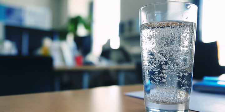 Glas Wasser im B&uuml;ro, trinken ist wichtig f&uuml;r ein gesundes Arbeiten im Gesch&auml;ftsleben
