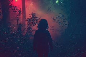 A young girl stands alone in the darkness of the forest at night, possibly lost or on an adventure