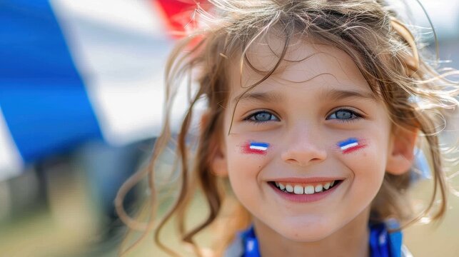 A closeup of a smiling girl showcasing face paint in the colors of a national flag, capturing the spirit and joy of a patriotic festival. - Powered by Adobe