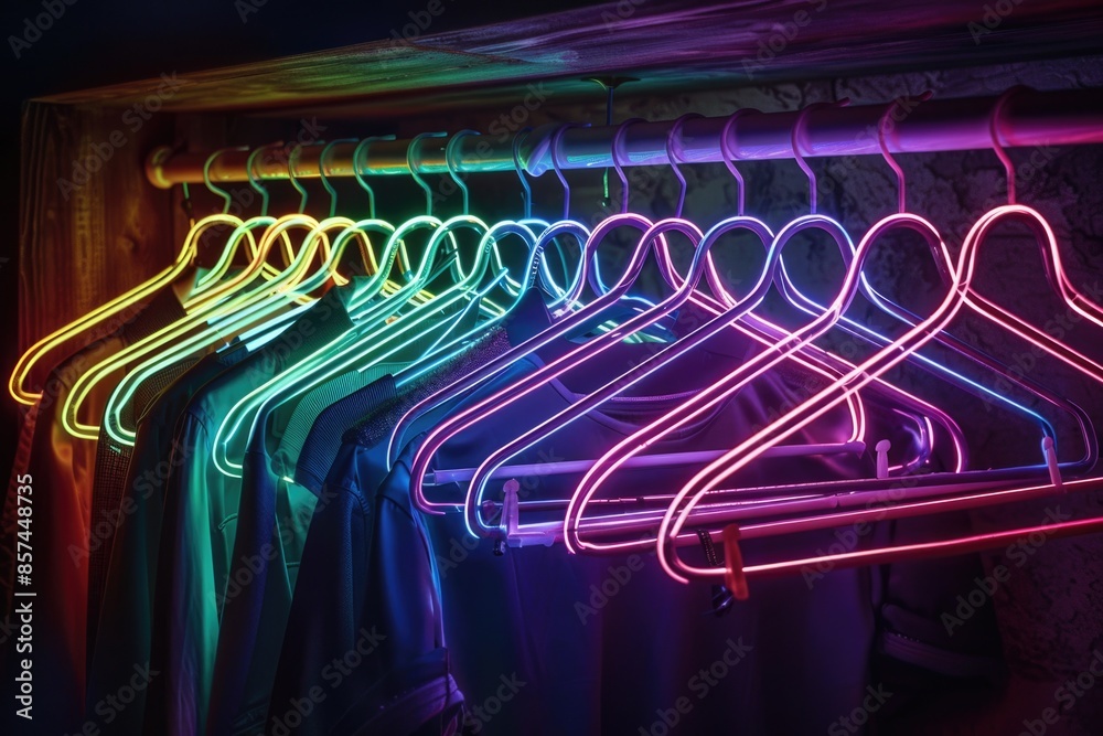 Wall mural A row of neon-colored clothes hanging on a rack, perfect for fashion or design projects