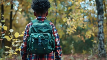 A person stands in the woods with a backpack