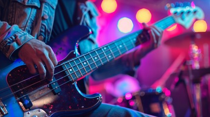 Obraz premium Rockstar in Action, Close-up Shot of Guitarist Playing with Passion Generative AI