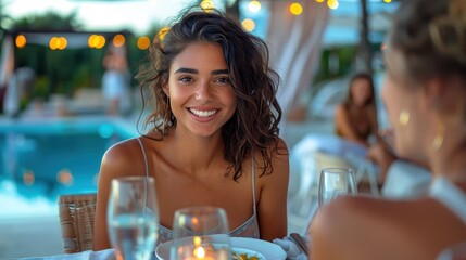 A woman with curly hair smiles brightly while dining at an outdoor poolside table, surrounded by candles, sparkling lights, and an elegant atmosphere.