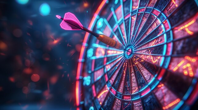 Vibrant Neon Dartboard with Bullseye Hit, Perfect for Gaming and Entertainment Concepts Generative AI