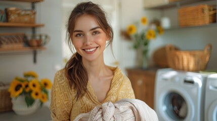 A smiling woman holding a neatly folded sweater in a cozy and well-decorated rustic kitchen, with wooden shelves and sunflowers enhancing the homely atmosphere.