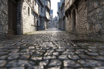 A classic cobblestone street in an old European city with historical architecture and vintage charm