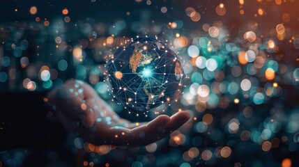 man hand holding night earth with global network communication technology including earth crptocurrency, blockchain, iot, 5g Earth day energy for envirionment Elements of this image furnished
