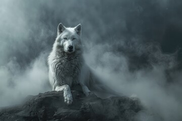 A white wolf sitting on the top of a rocky outcropping, looking out at the surrounding landscape